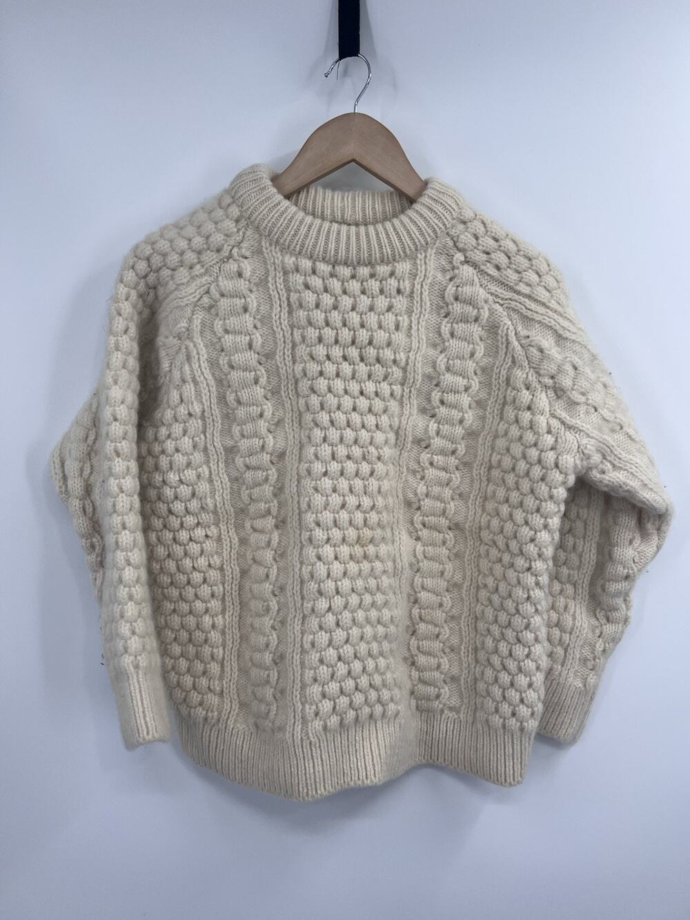 Vintage LL Bean 100% Irish Wool Cream Cable Knit Fisherman Aran Sweater Size L